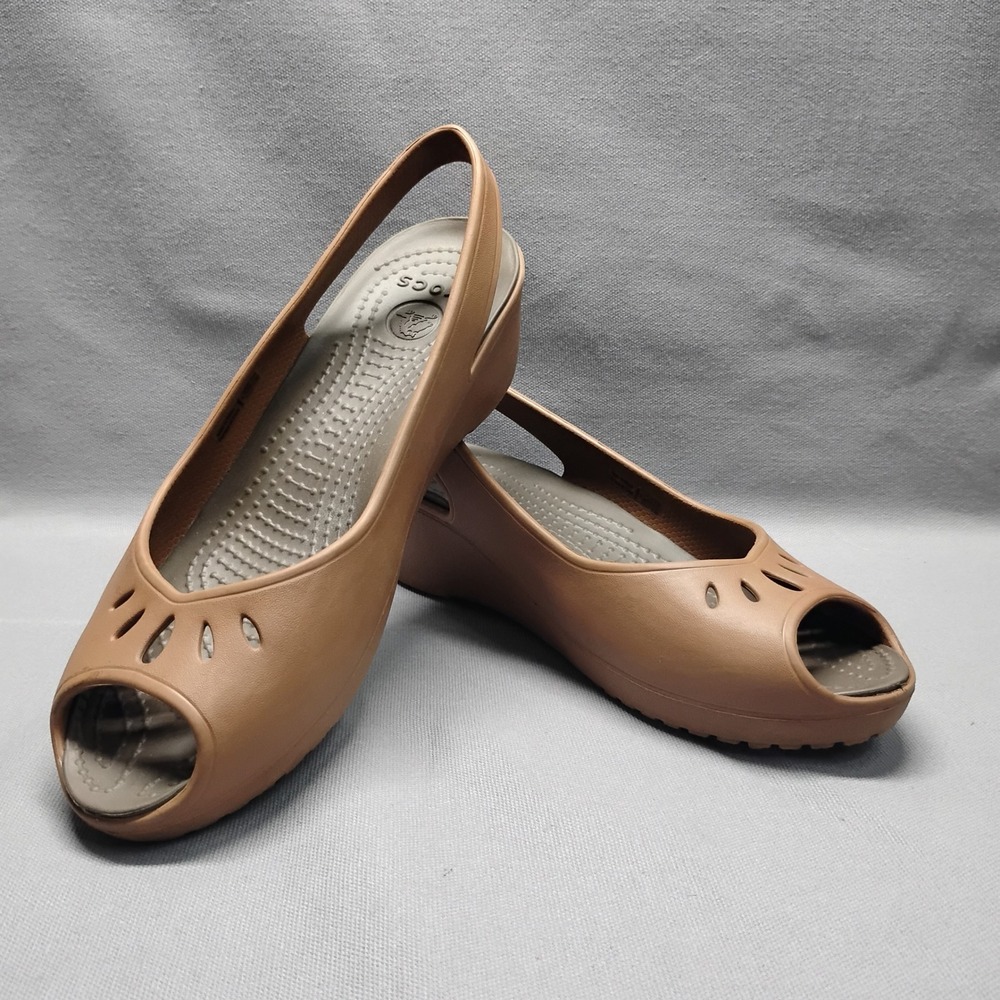 Crocs Womens Adrina Peep Toe Slingback Wedge Sandals Brown Size 6